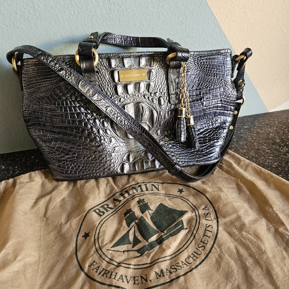 Brahmin Mini Asher Tote Satchel Bag Charcoal Croc Embossed Brand: Brahmin